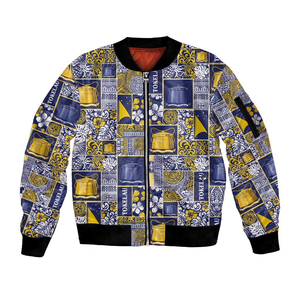 Tokelau Manuia te Kilihimahi Sleeve Zip Bomber Jacket Pacific Patchwork Xmas Vibes LT9 Unisex Blue - Polynesian Pride