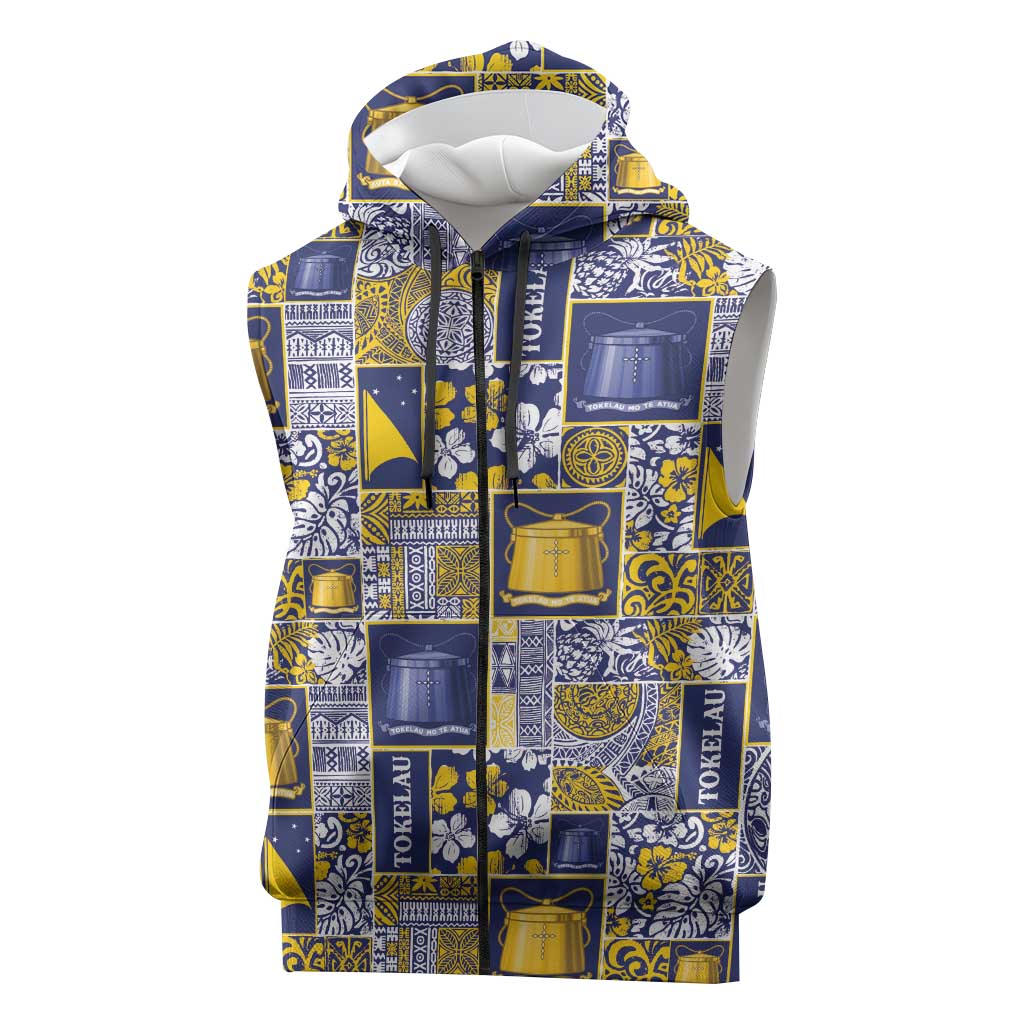 Tokelau Manuia te Kilihimahi Sleeveless Zip Hoodie Pacific Patchwork Xmas Vibes LT9 Blue - Polynesian Pride
