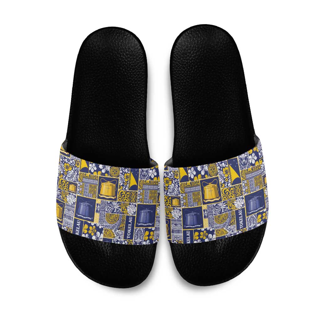 Tokelau Manuia te Kilihimahi Slide Sandals Pacific Patchwork Xmas Vibes LT9 Blue - Polynesian Pride