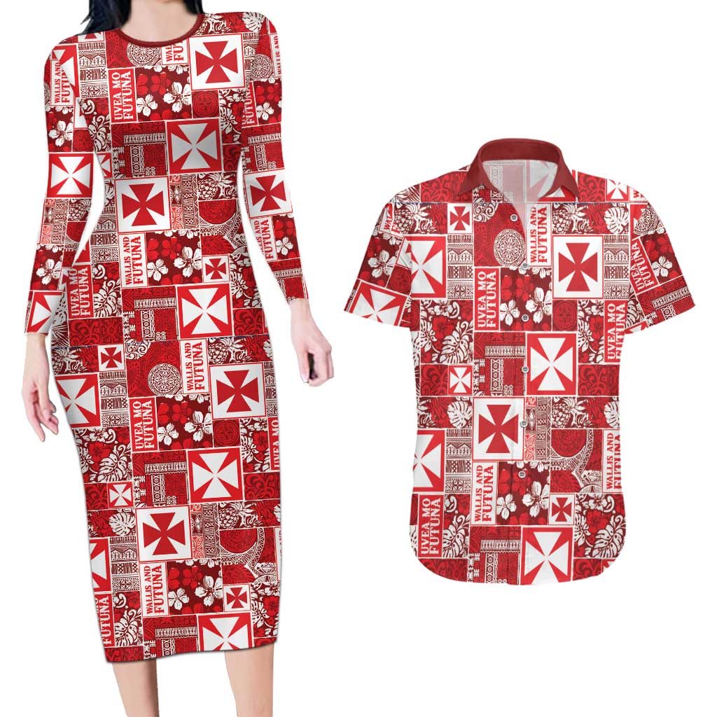 Wallis Et Futuna Kilisimasi Fiefia Couples Matching Long Sleeve Bodycon Dress and Hawaiian Shirt Pacific Patchwork Xmas Vibes - Polynesian Pride