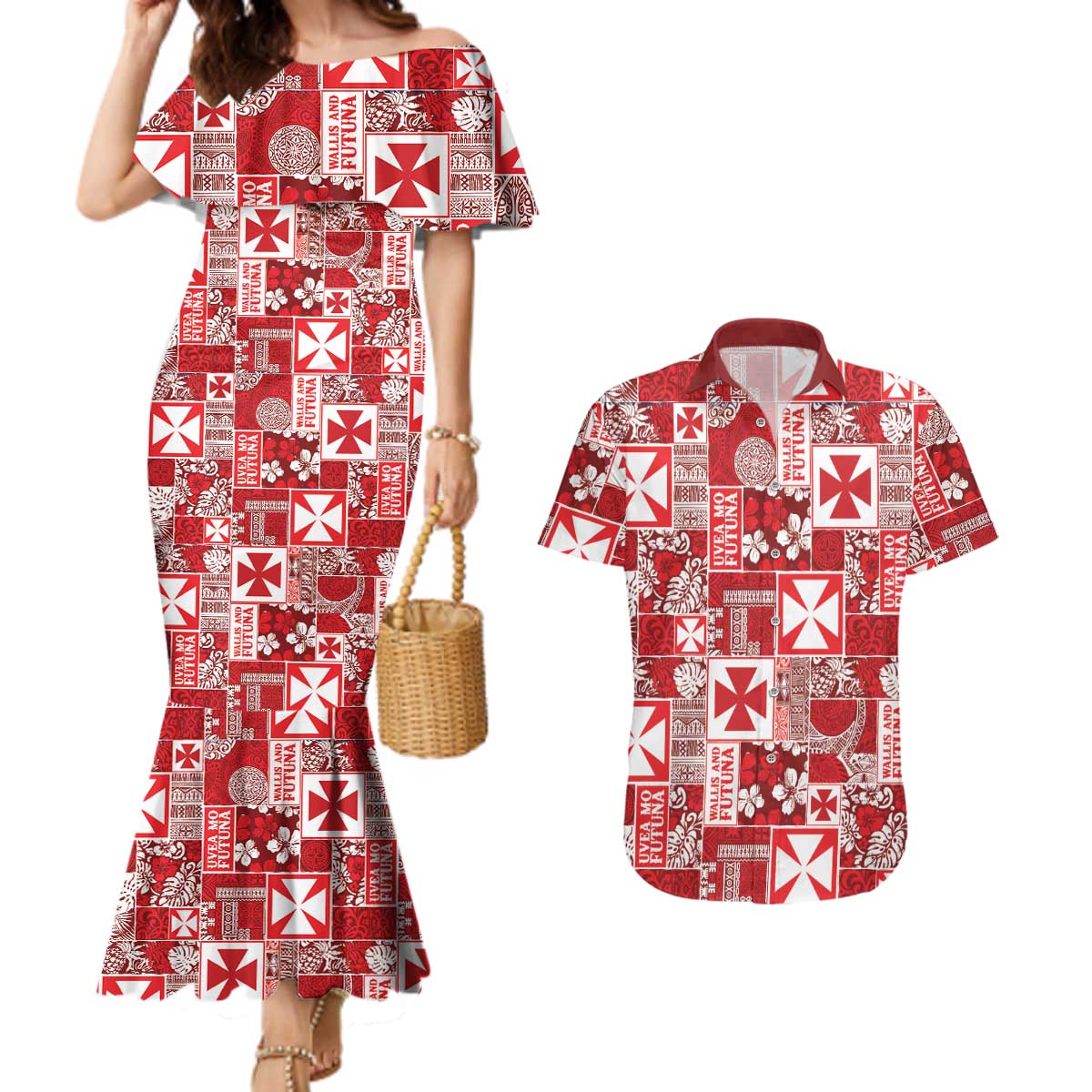 Wallis Et Futuna Kilisimasi Fiefia Couples Matching Mermaid Dress and Hawaiian Shirt Pacific Patchwork Xmas Vibes - Polynesian Pride