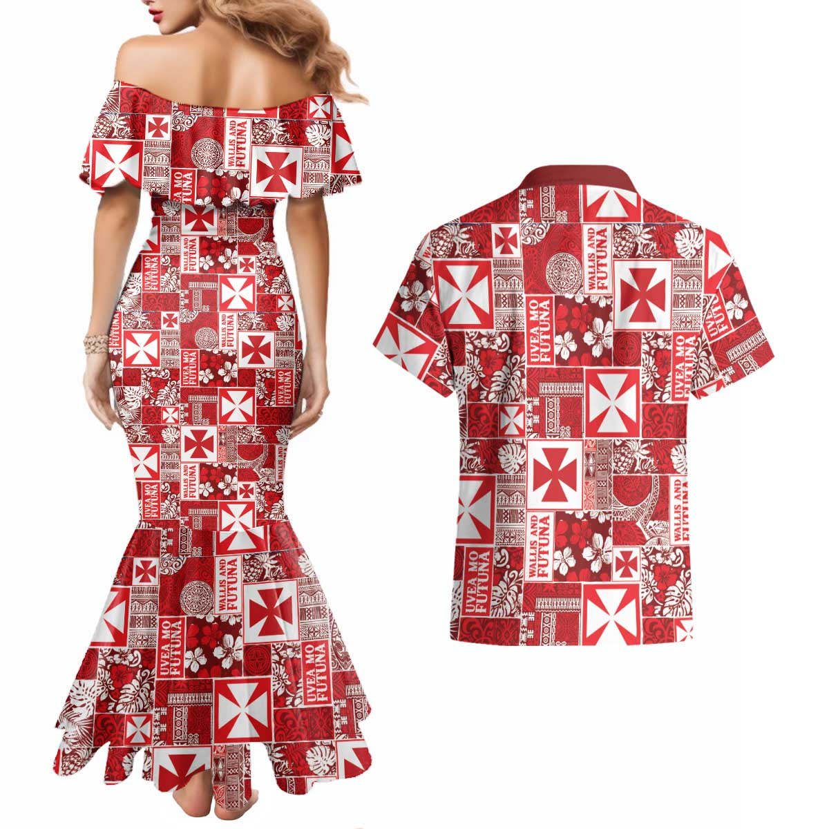 Wallis Et Futuna Kilisimasi Fiefia Couples Matching Mermaid Dress and Hawaiian Shirt Pacific Patchwork Xmas Vibes - Polynesian Pride