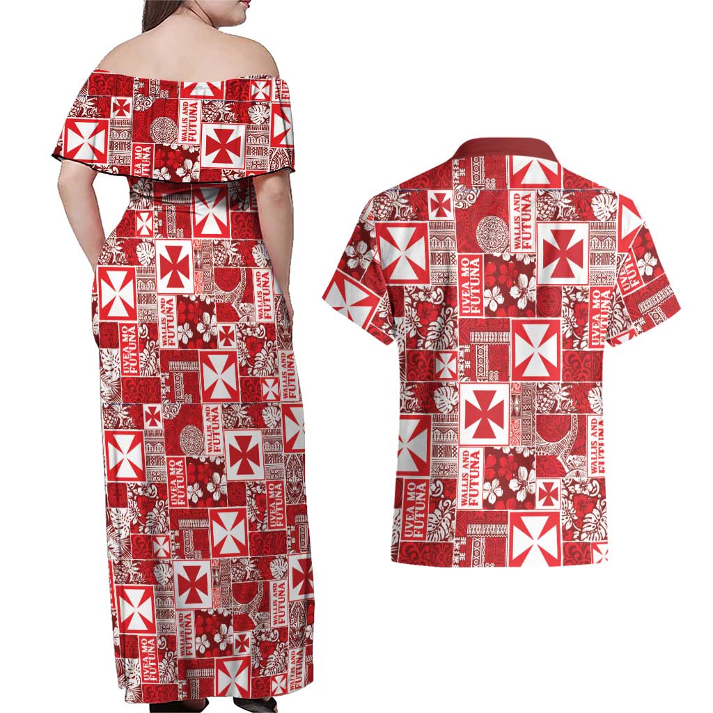 Wallis Et Futuna Kilisimasi Fiefia Couples Matching Off Shoulder Maxi Dress and Hawaiian Shirt Pacific Patchwork Xmas Vibes - Polynesian Pride