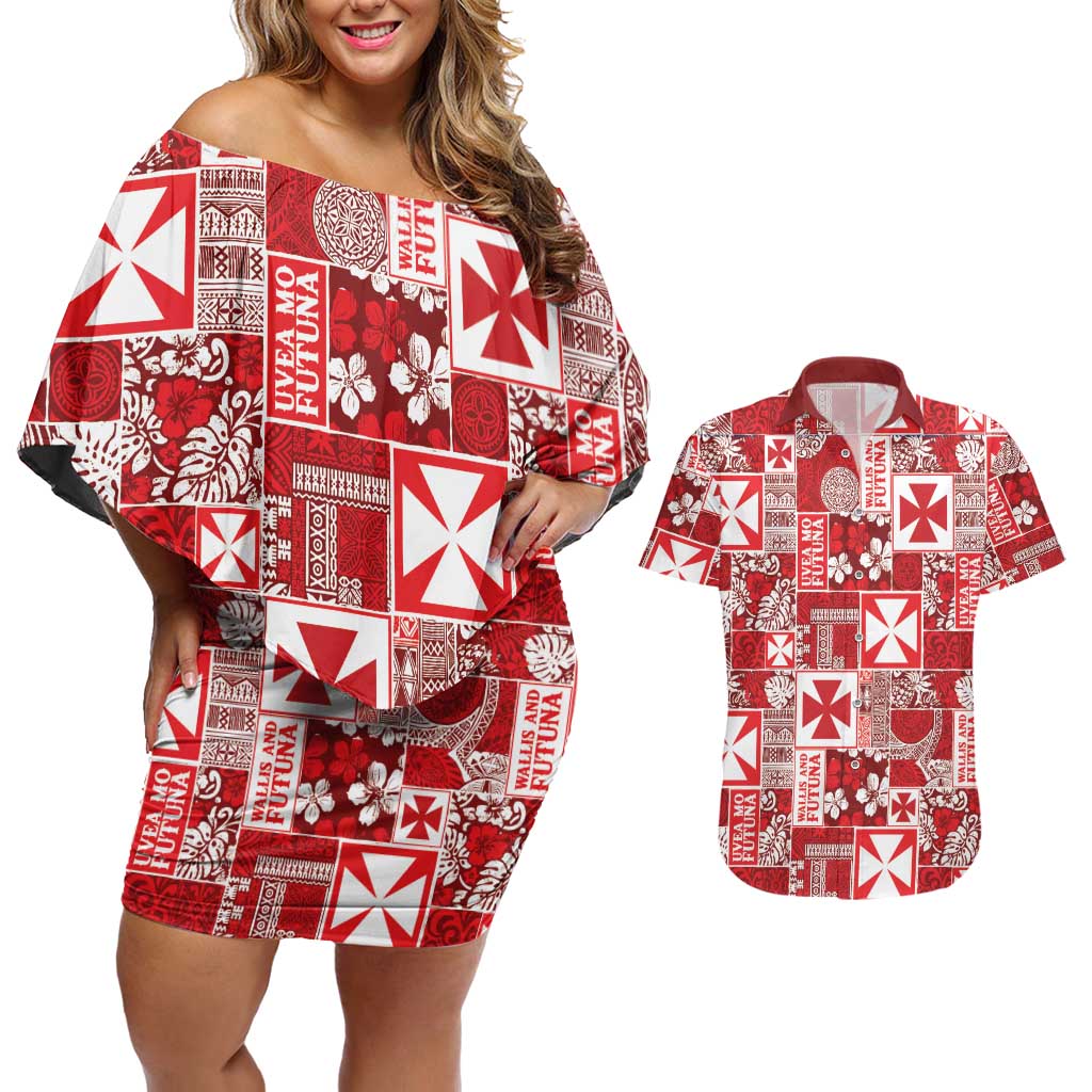 Wallis Et Futuna Kilisimasi Fiefia Couples Matching Off Shoulder Short Dress and Hawaiian Shirt Pacific Patchwork Xmas Vibes - Polynesian Pride