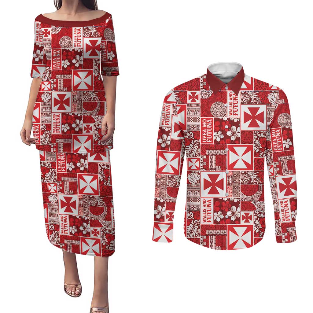 Wallis Et Futuna Kilisimasi Fiefia Couples Matching Puletasi and Long Sleeve Button Shirt Pacific Patchwork Xmas Vibes - Polynesian Pride