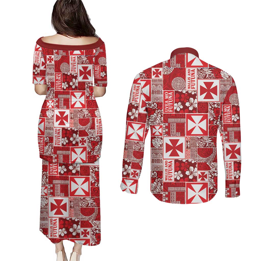 Wallis Et Futuna Kilisimasi Fiefia Couples Matching Puletasi and Long Sleeve Button Shirt Pacific Patchwork Xmas Vibes - Polynesian Pride