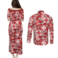 Wallis Et Futuna Kilisimasi Fiefia Couples Matching Puletasi and Long Sleeve Button Shirt Pacific Patchwork Xmas Vibes - Polynesian Pride