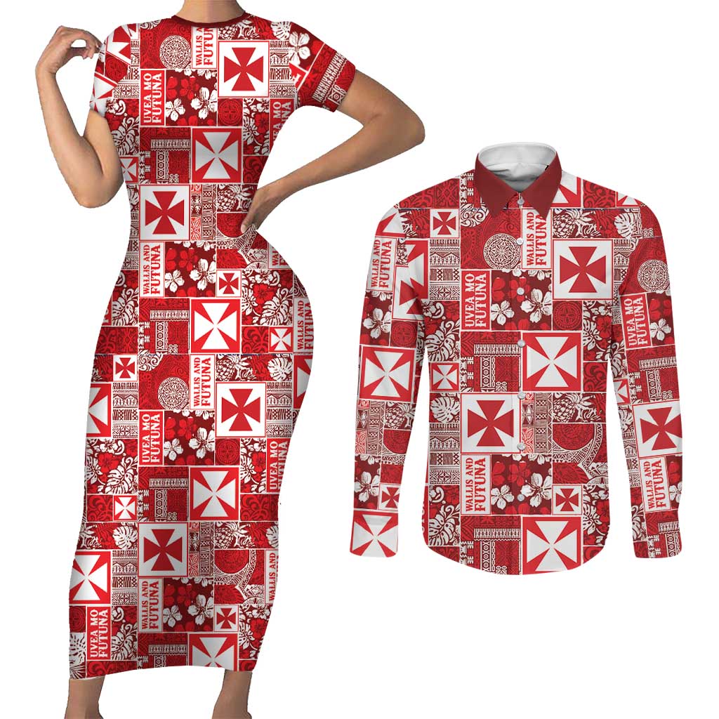Wallis Et Futuna Kilisimasi Fiefia Couples Matching Short Sleeve Bodycon Dress and Long Sleeve Button Shirt Pacific Patchwork Xmas Vibes - Polynesian Pride