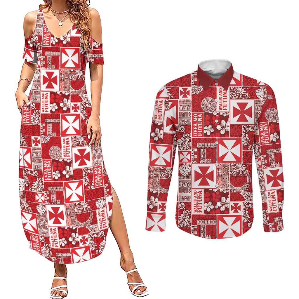 Wallis Et Futuna Kilisimasi Fiefia Couples Matching Summer Maxi Dress and Long Sleeve Button Shirt Pacific Patchwork Xmas Vibes - Polynesian Pride