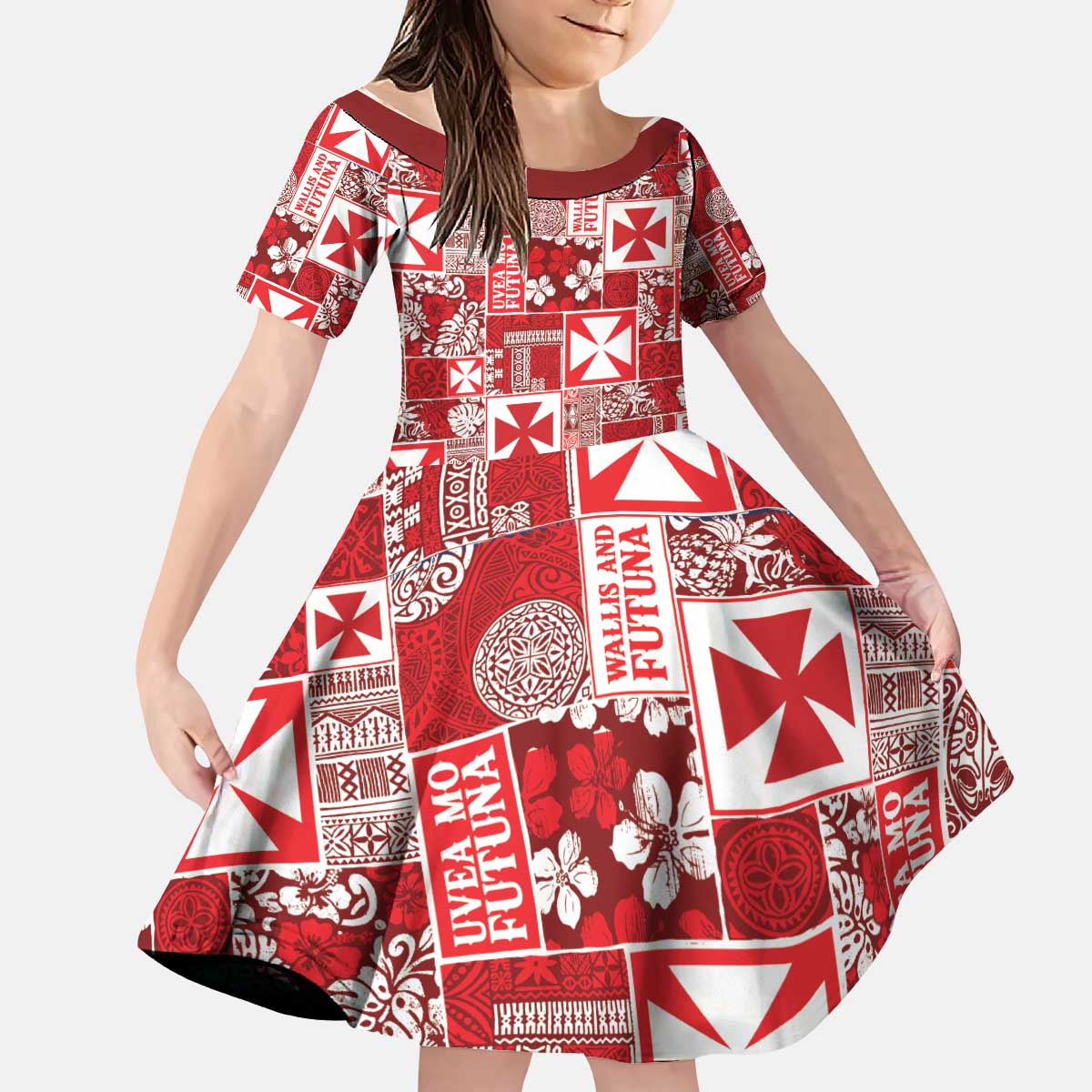 Wallis Et Futuna Kilisimasi Fiefia Kid Short Sleeve Dress Pacific Patchwork Xmas Vibes - Polynesian Pride