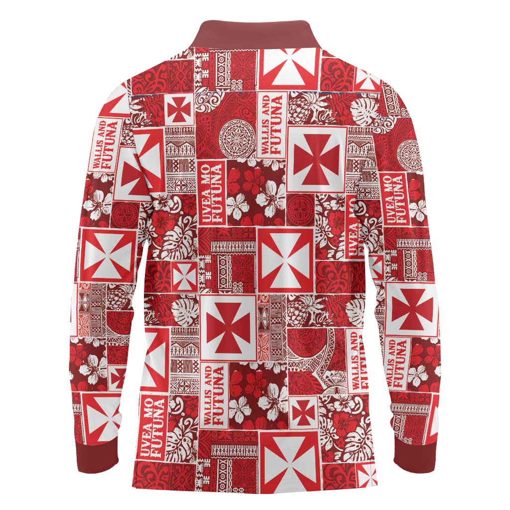 Wallis Et Futuna Kilisimasi Fiefia Long Sleeve Polo Shirt Pacific Patchwork Xmas Vibes - Polynesian Pride