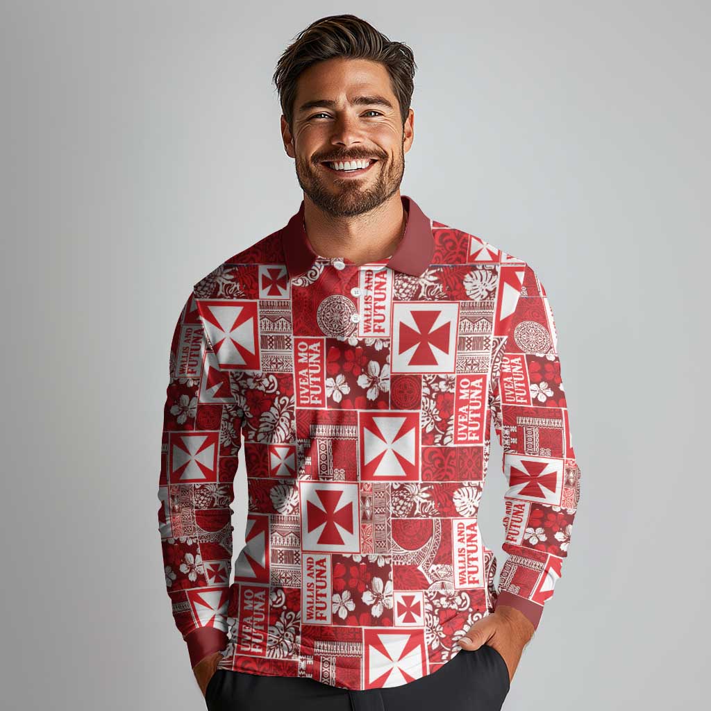 Wallis Et Futuna Kilisimasi Fiefia Long Sleeve Polo Shirt Pacific Patchwork Xmas Vibes - Polynesian Pride
