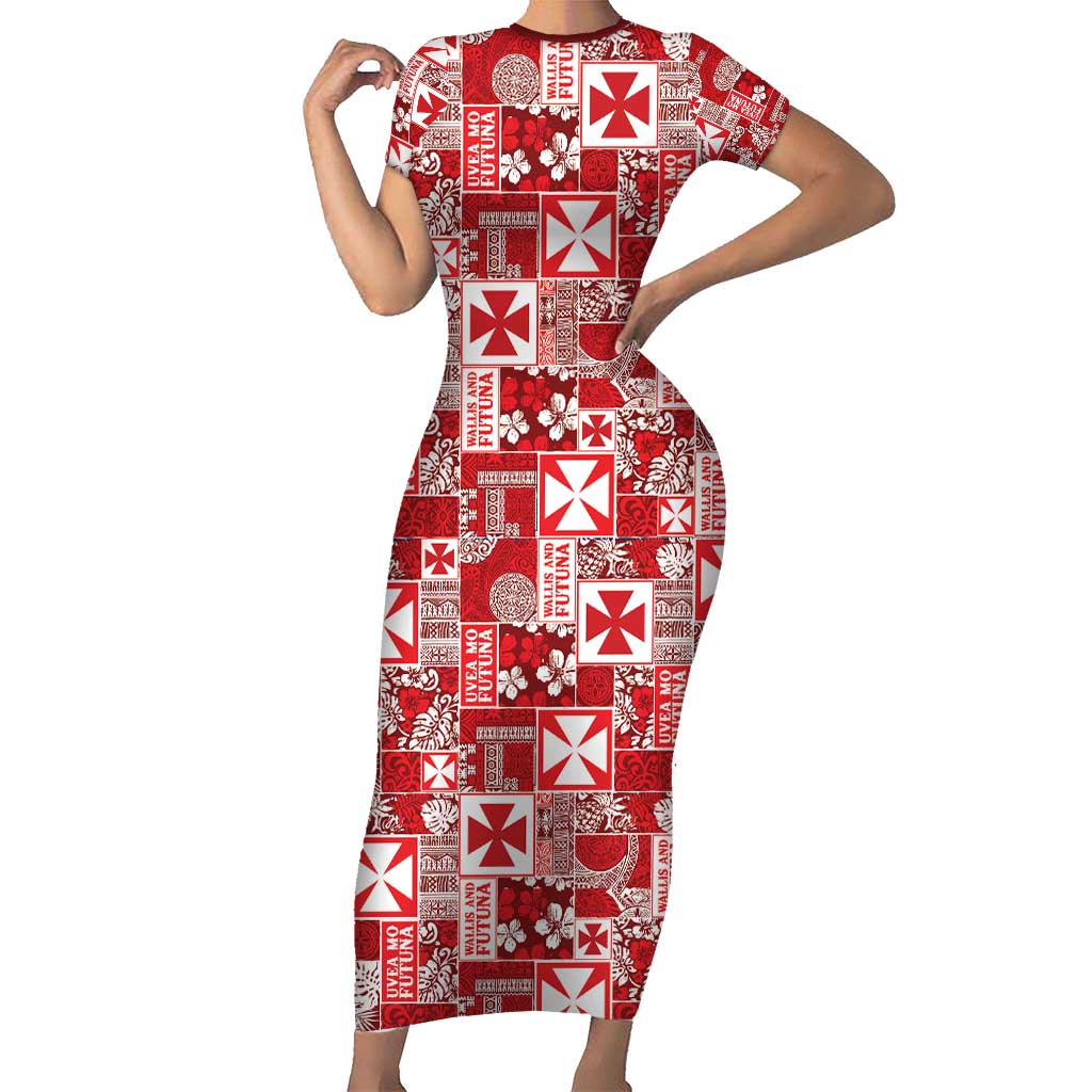 Wallis Et Futuna Kilisimasi Fiefia Short Sleeve Bodycon Dress Pacific Patchwork Xmas Vibes - Polynesian Pride