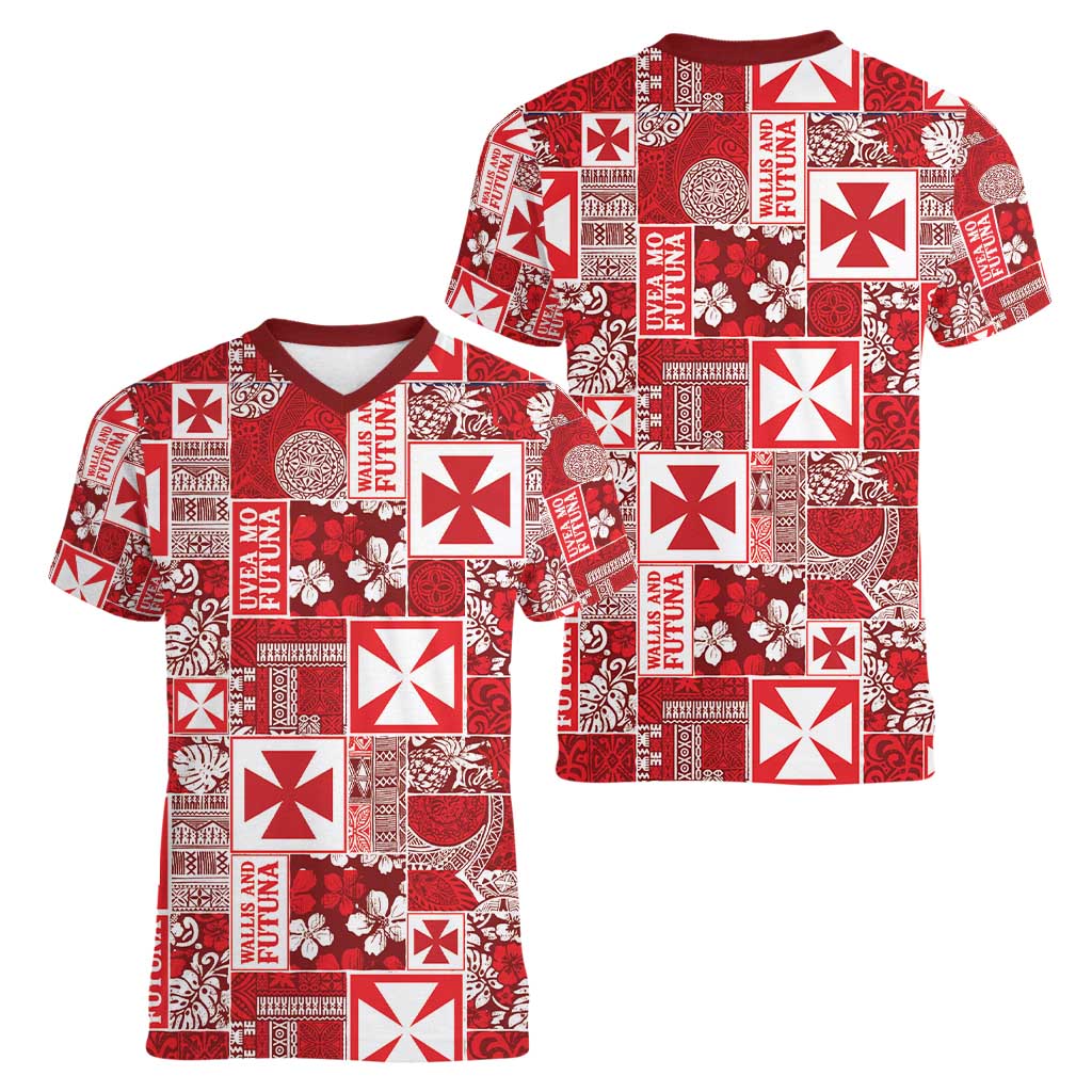 Wallis Et Futuna Kilisimasi Fiefia Women V-Neck T-Shirt Pacific Patchwork Xmas Vibes - Polynesian Pride