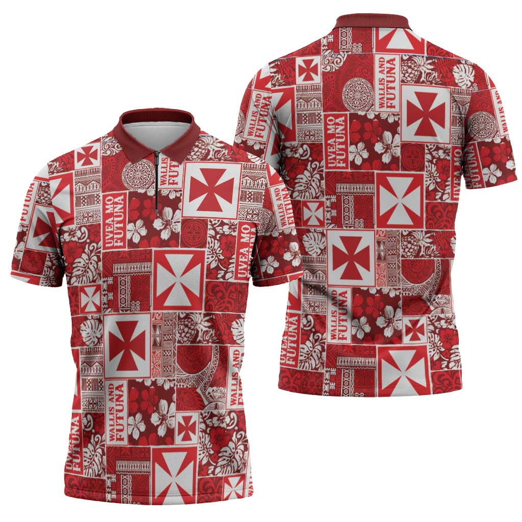 Wallis Et Futuna Kilisimasi Fiefia Zipper Polo Shirt Pacific Patchwork Xmas Vibes - Polynesian Pride