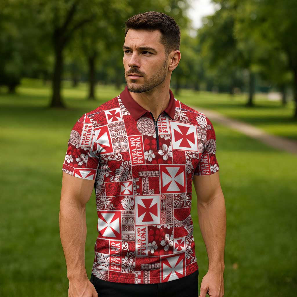 Wallis Et Futuna Kilisimasi Fiefia Zipper Polo Shirt Pacific Patchwork Xmas Vibes - Polynesian Pride