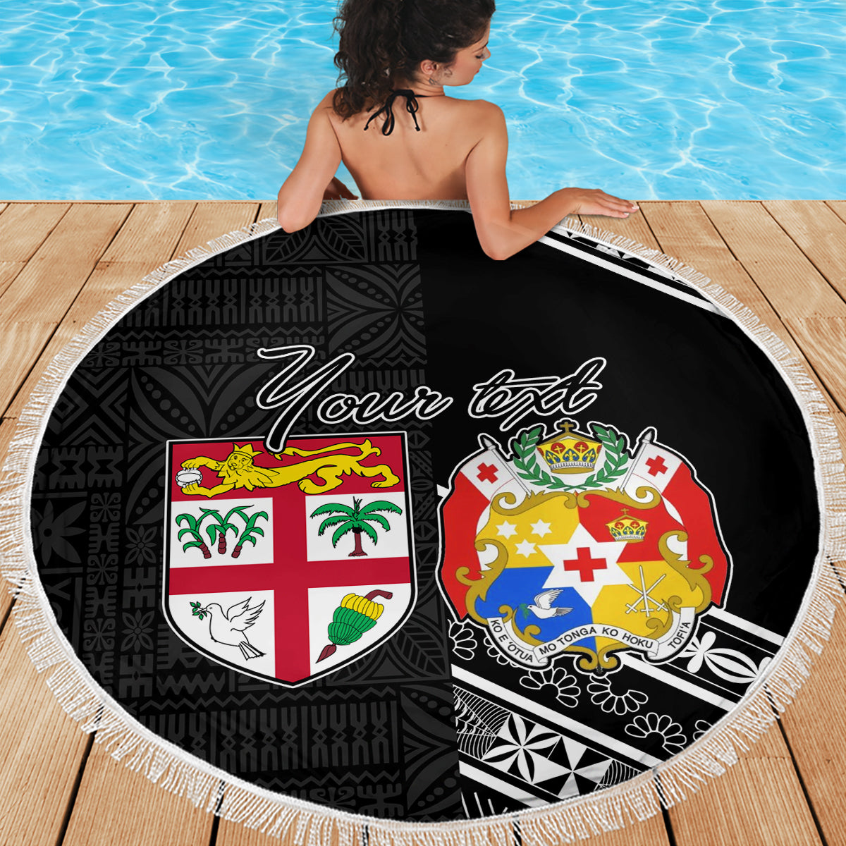 Fiji Tonga Coat of Arm Personalised Beach Blanket With Masi Tapa and Tongan Ngatu Together LT9 - Polynesian Pride