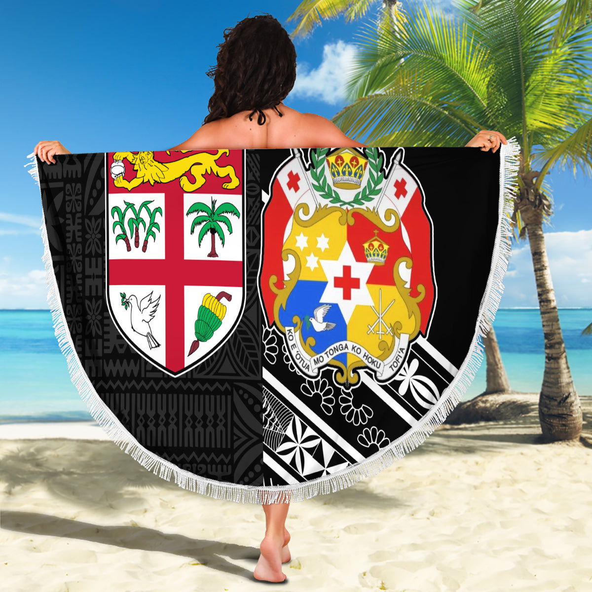 Fiji Tonga Coat of Arm Personalised Beach Blanket With Masi Tapa and Tongan Ngatu Together LT9 - Polynesian Pride