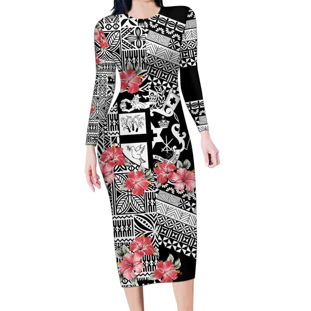 Fiji Tonga Coat of Arm Personalised Family Matching Long Sleeve Bodycon Dress and Hawaiian Shirt With Masi Tapa and Tongan Ngatu Together LT9 Mom's Dress Black - Polynesian Pride