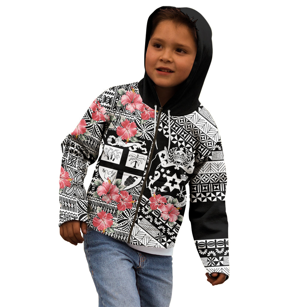Fiji Tonga Coat of Arm Personalised Kid Hoodie With Masi Tapa and Tongan Ngatu Together LT9 - Polynesian Pride