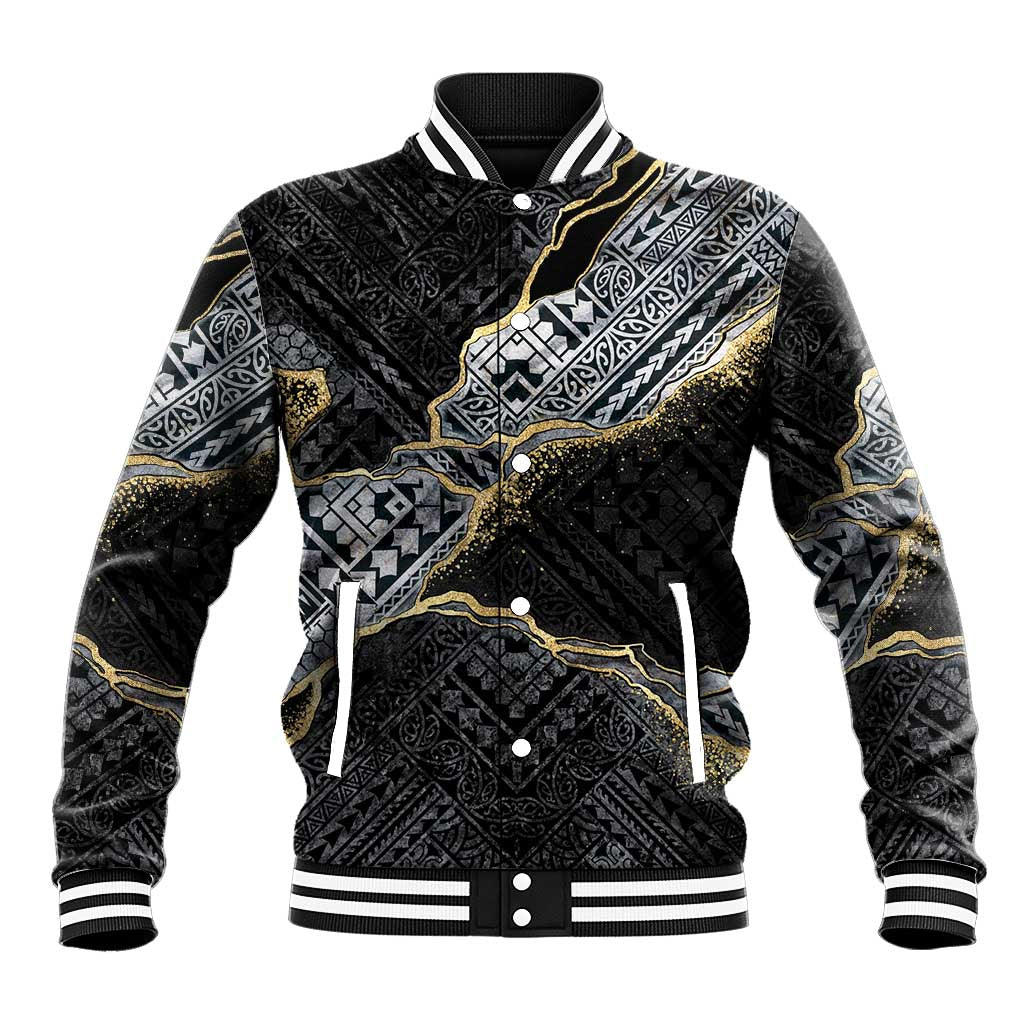 Polynesian Tribal Tattoo Baseball Jacket Dark Marble Pattern LT9 Unisex Black - Polynesian Pride