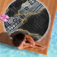 Polynesian Tribal Tattoo Beach Blanket Dark Marble Pattern
