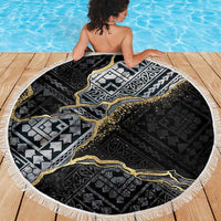 Polynesian Tribal Tattoo Beach Blanket Dark Marble Pattern