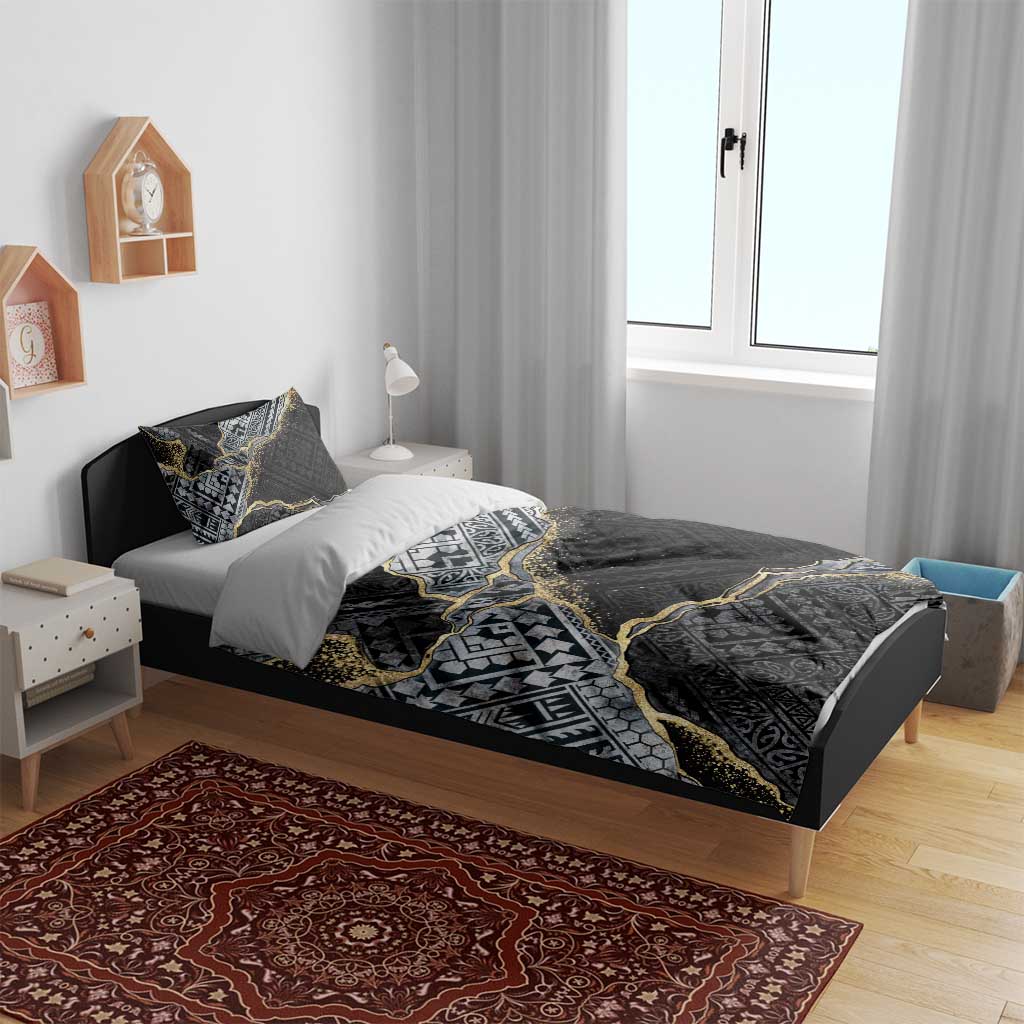 Polynesian Tribal Tattoo Bedding Set Dark Marble Pattern