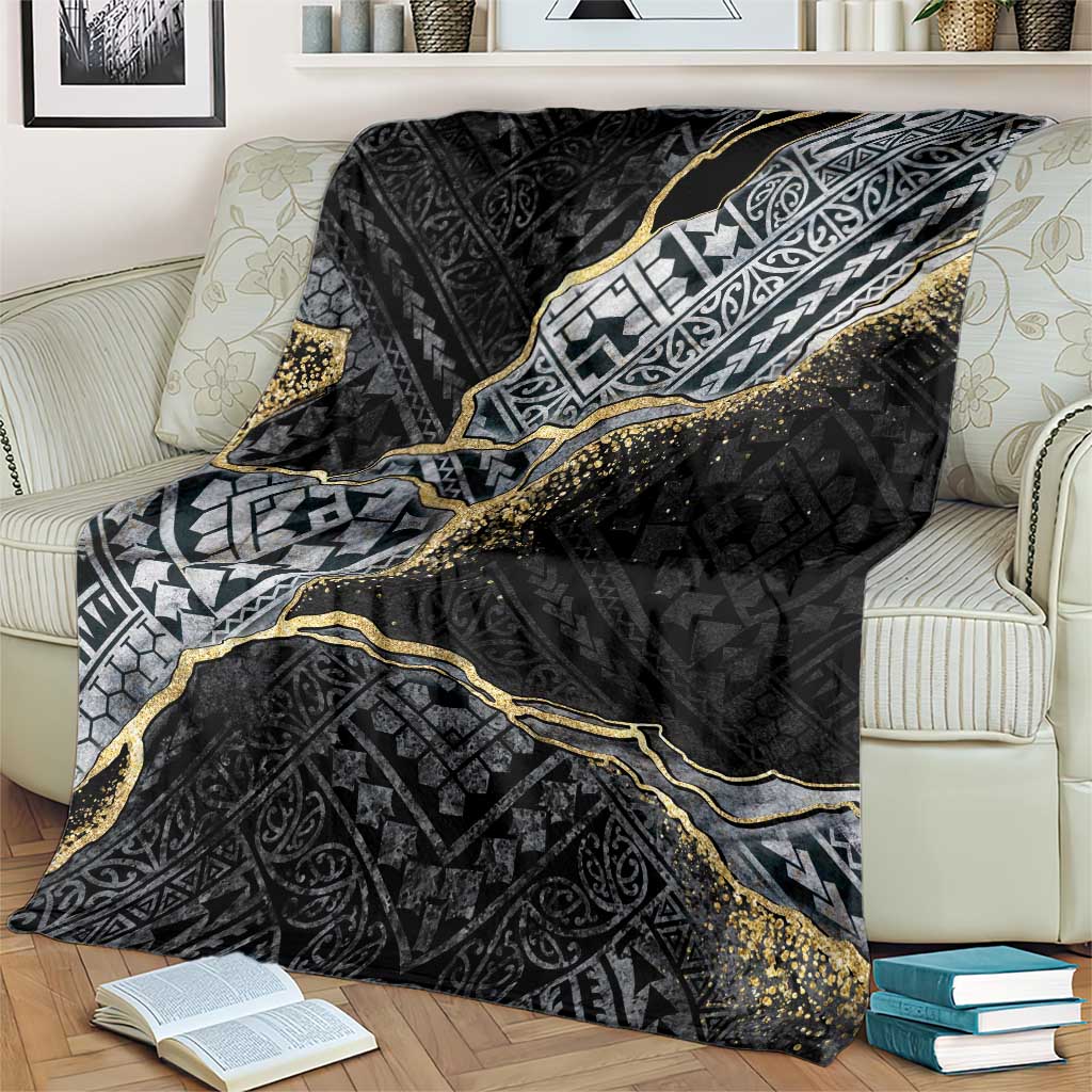 Polynesian Tribal Tattoo Blanket Dark Marble Pattern