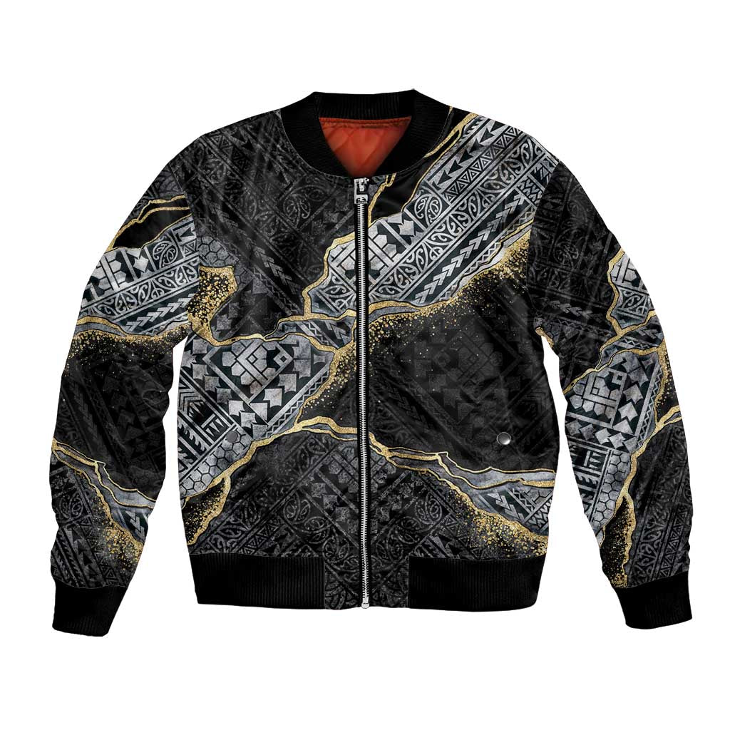 Polynesian Tribal Tattoo Bomber Jacket Dark Marble Pattern