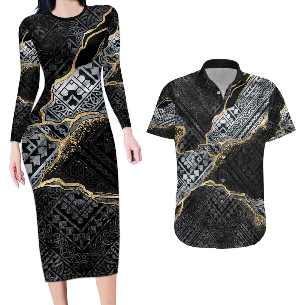 Polynesian Tribal Tattoo Couples Matching Long Sleeve Bodycon Dress and Hawaiian Shirt Dark Marble Pattern