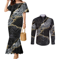 Polynesian Tribal Tattoo Couples Matching Mermaid Dress and Long Sleeve Button Shirt Dark Marble Pattern