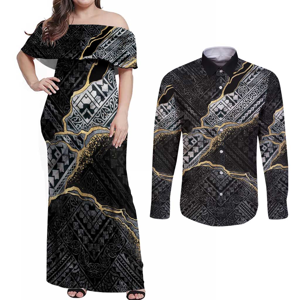 Polynesian Tribal Tattoo Couples Matching Off Shoulder Maxi Dress and Long Sleeve Button Shirt Dark Marble Pattern