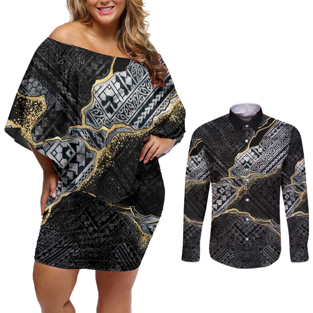 Polynesian Tribal Tattoo Couples Matching Off Shoulder Short Dress and Long Sleeve Button Shirt Dark Marble Pattern