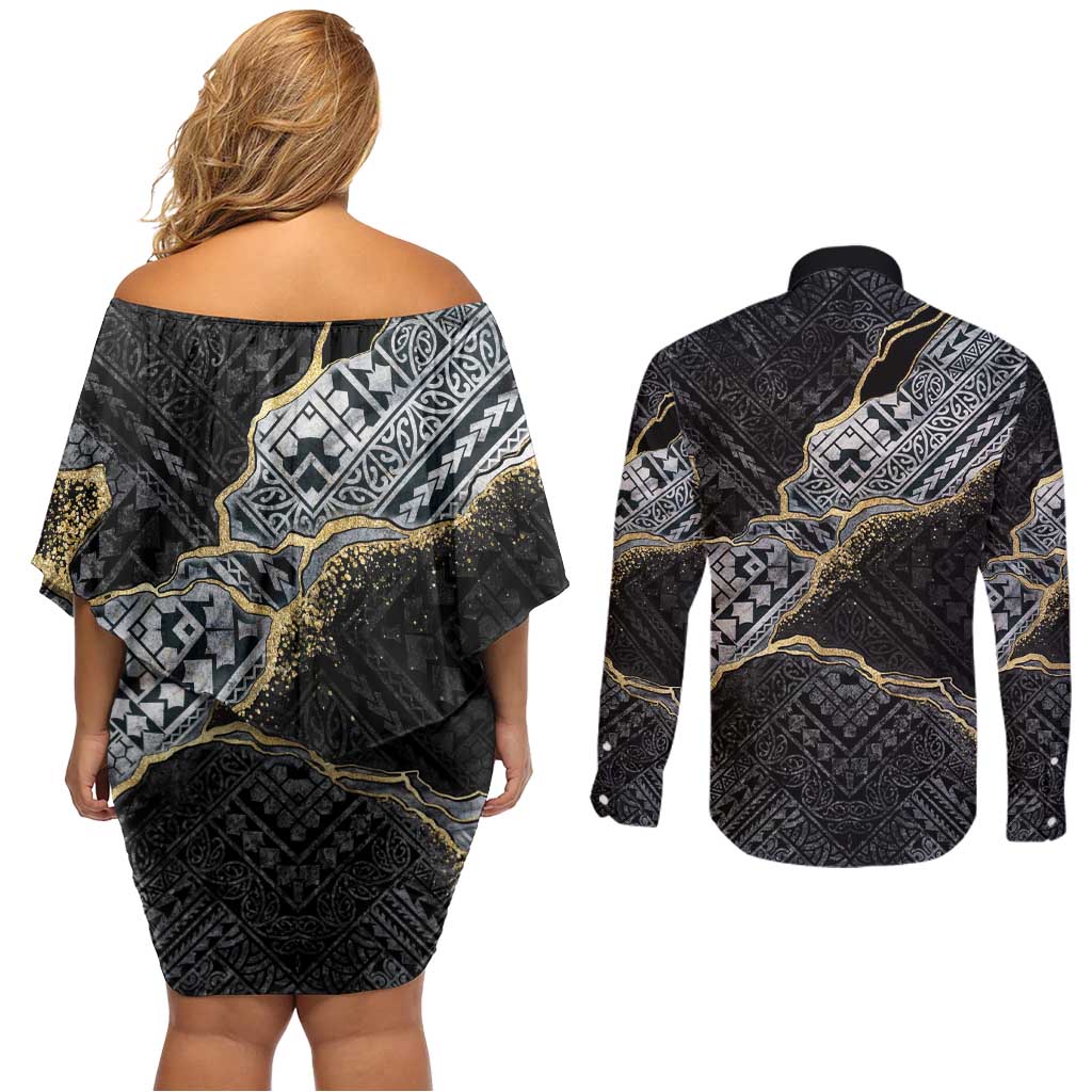 Polynesian Tribal Tattoo Couples Matching Off Shoulder Short Dress and Long Sleeve Button Shirt Dark Marble Pattern