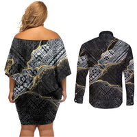 Polynesian Tribal Tattoo Couples Matching Off Shoulder Short Dress and Long Sleeve Button Shirt Dark Marble Pattern