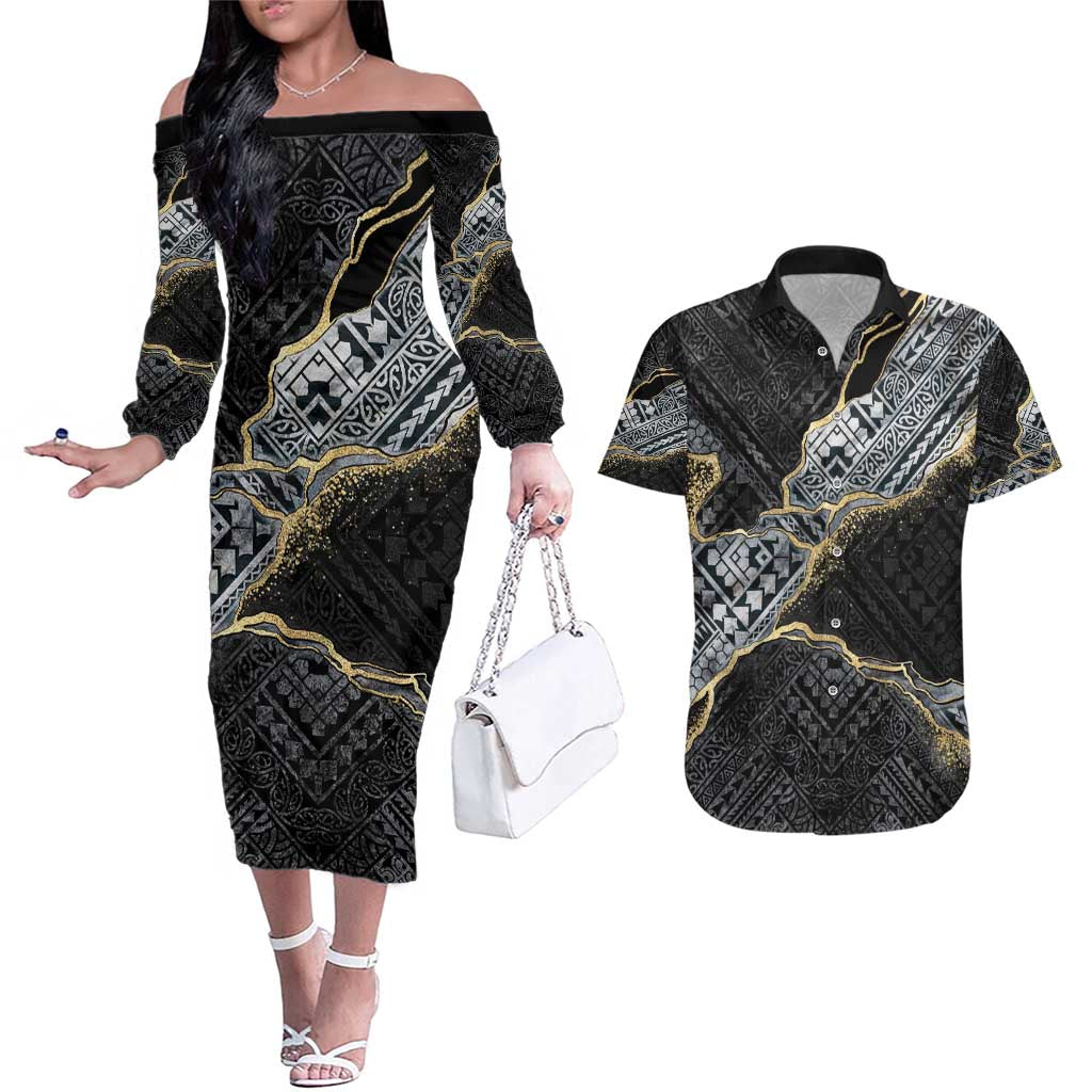 Polynesian Tribal Tattoo Couples Matching Off The Shoulder Long Sleeve Dress and Hawaiian Shirt Dark Marble Pattern