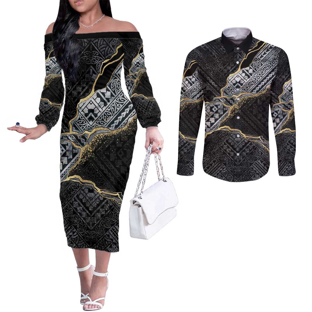 Polynesian Tribal Tattoo Couples Matching Off The Shoulder Long Sleeve Dress and Long Sleeve Button Shirt Dark Marble Pattern