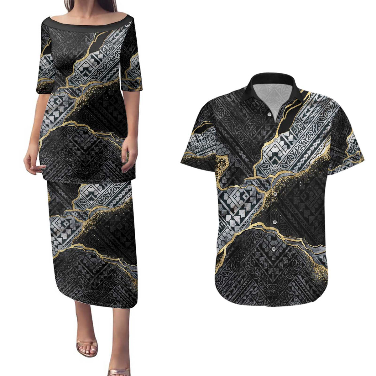 Polynesian Tribal Tattoo Couples Matching Puletasi and Hawaiian Shirt Dark Marble Pattern
