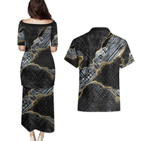 Polynesian Tribal Tattoo Couples Matching Puletasi and Hawaiian Shirt Dark Marble Pattern
