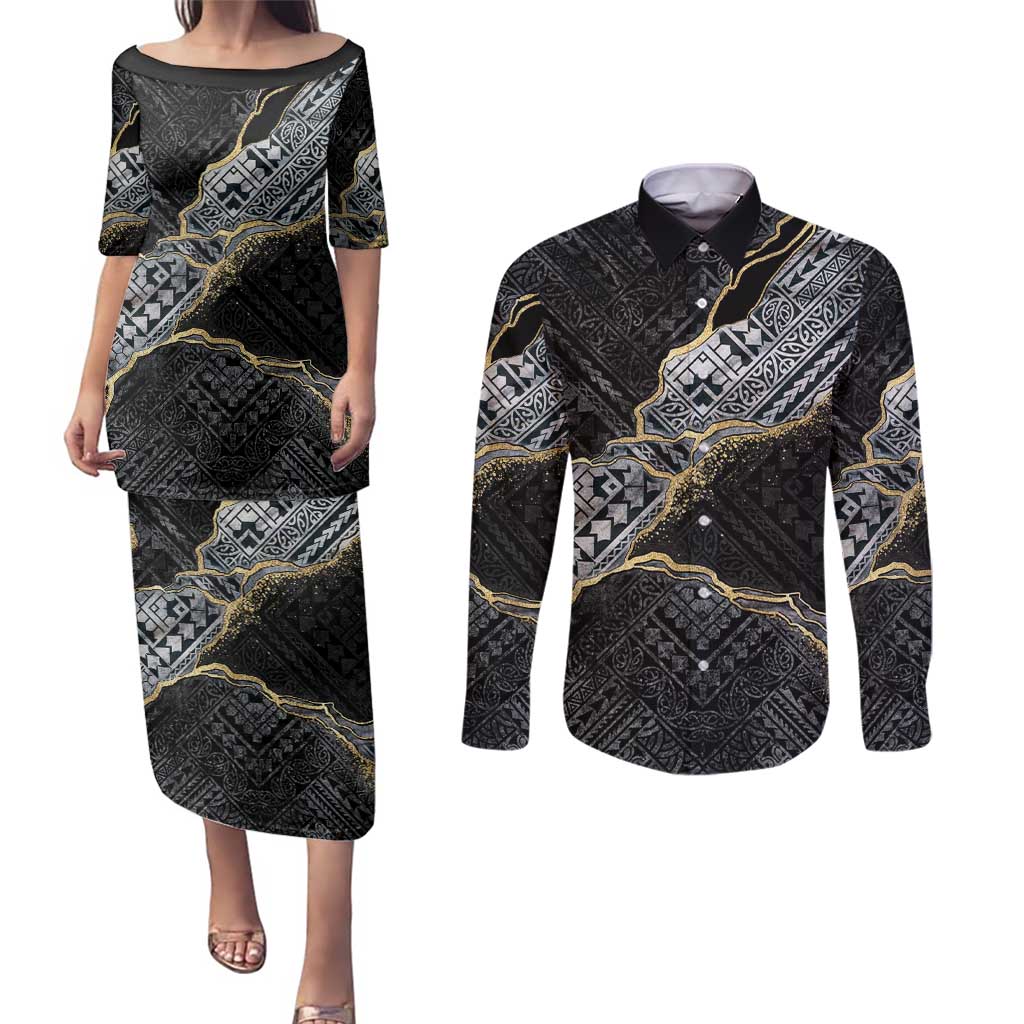 Polynesian Tribal Tattoo Couples Matching Puletasi and Long Sleeve Button Shirt Dark Marble Pattern