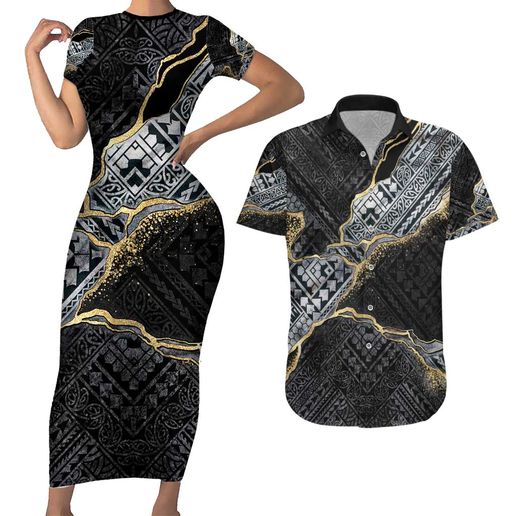 Polynesian Tribal Tattoo Couples Matching Short Sleeve Bodycon Dress and Hawaiian Shirt Dark Marble Pattern