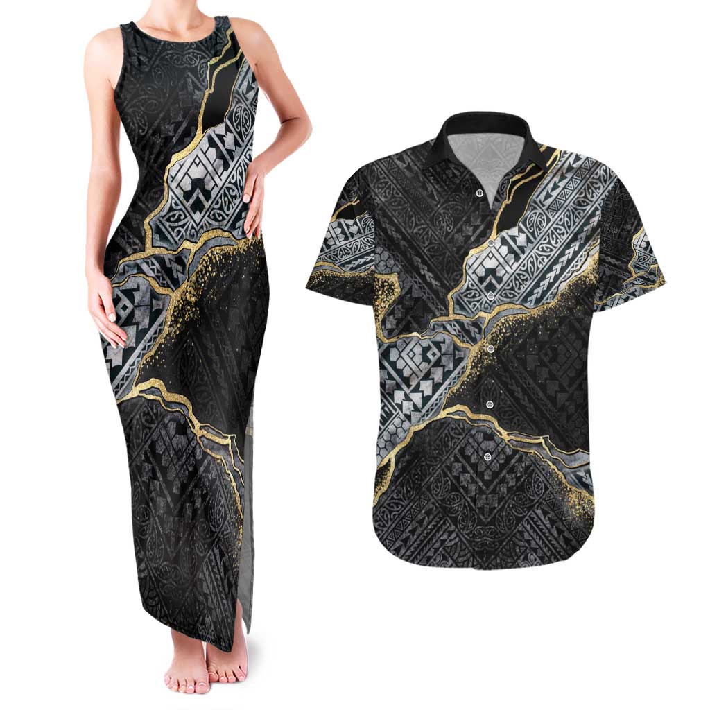 Polynesian Tribal Tattoo Couples Matching Tank Maxi Dress and Hawaiian Shirt Dark Marble Pattern