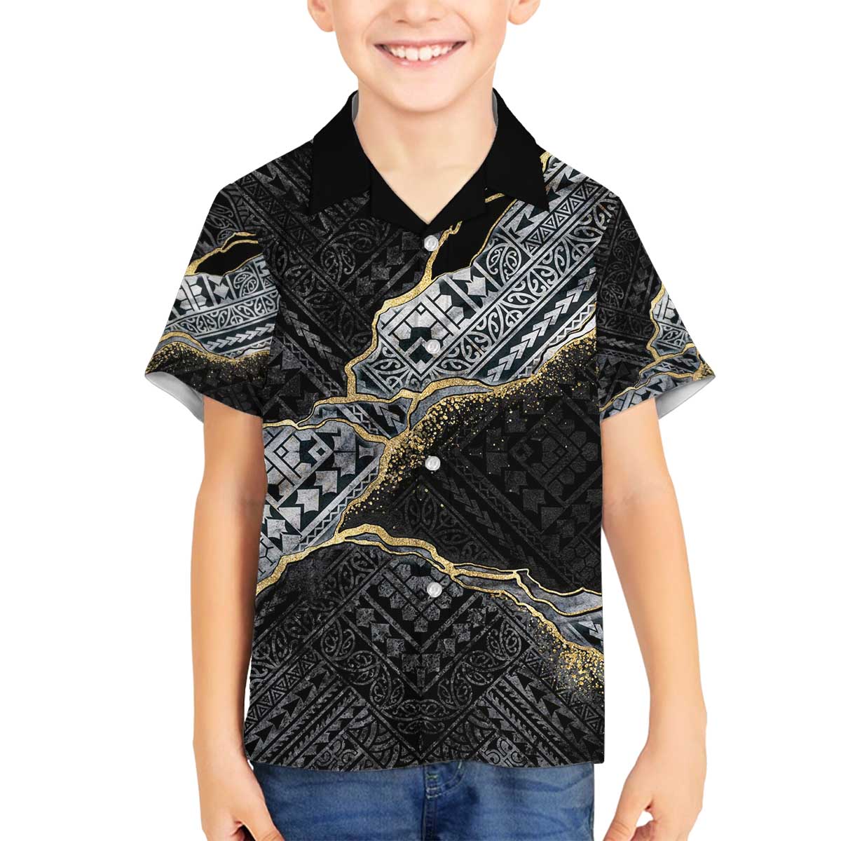 Polynesian Tribal Tattoo Family Matching Off The Shoulder Long Sleeve Dress and Hawaiian Shirt Dark Marble Pattern