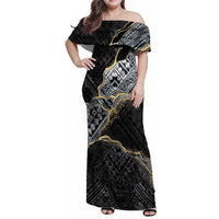 Polynesian Tribal Tattoo Family Matching Off Shoulder Maxi Dress and Hawaiian Shirt Dark Marble Pattern