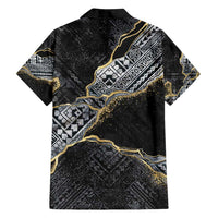 Polynesian Tribal Tattoo Family Matching Off Shoulder Short Dress and Hawaiian Shirt Dark Marble Pattern