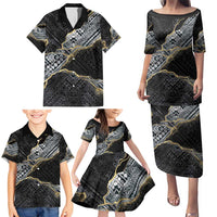 Polynesian Tribal Tattoo Family Matching Puletasi and Hawaiian Shirt Dark Marble Pattern