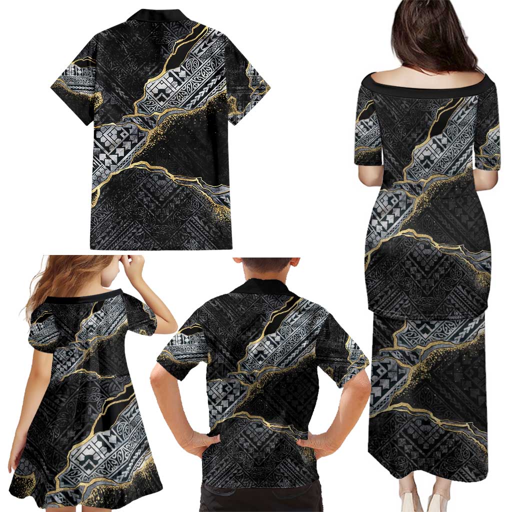 Polynesian Tribal Tattoo Family Matching Puletasi and Hawaiian Shirt Dark Marble Pattern