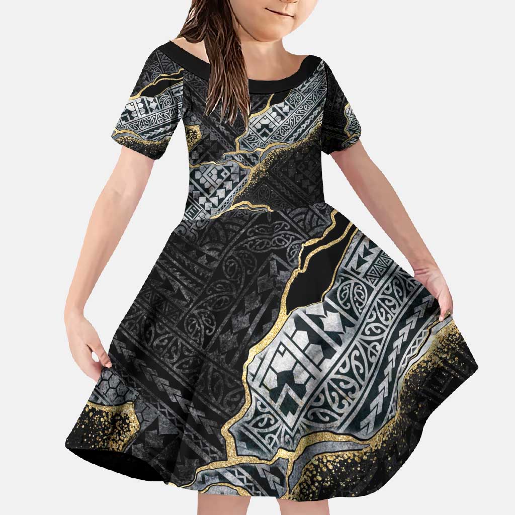 Polynesian Tribal Tattoo Family Matching Summer Maxi Dress and Hawaiian Shirt Dark Marble Pattern