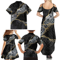 Polynesian Tribal Tattoo Family Matching Summer Maxi Dress and Hawaiian Shirt Dark Marble Pattern